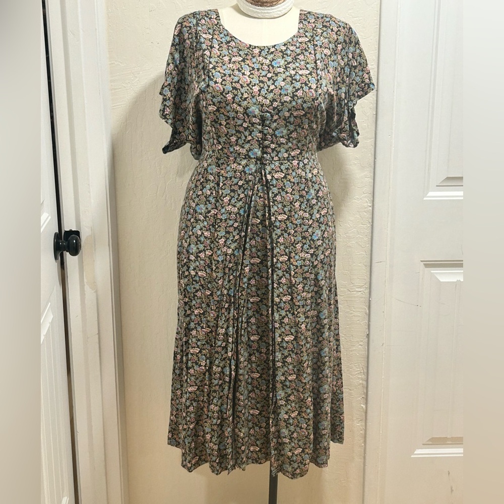 Vintage Maxi Dress in Olive with Pink & Blue Flowers